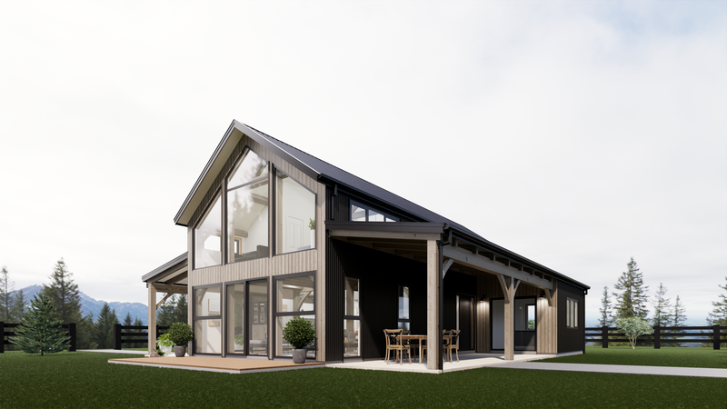 Beautiful bedroom in luxury barn home with vaulted timber ceiling