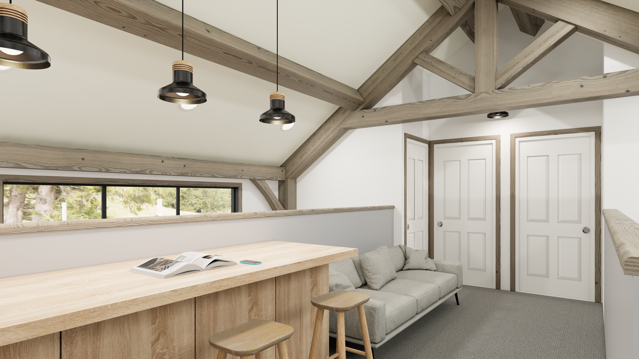 Stylish 2-storey American barn home with luxury kitchen and timber trusses